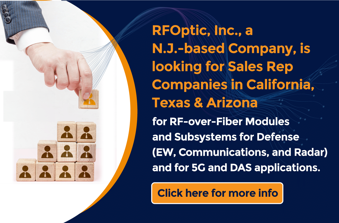 RFOptic, Inc., a N.J.-based company, is looking for sales rep companies in California, Texas & Arizona